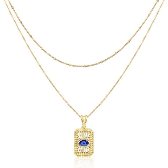 GOLD 14k Gold Plated Evil Eye Bar Pendant Chain Necklace - Picture 3 of 3